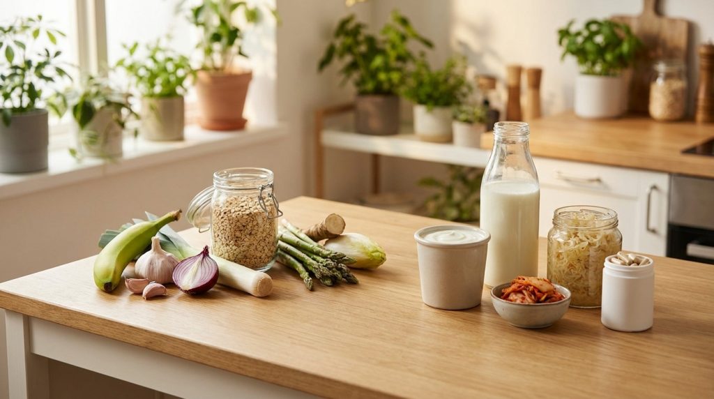 Prebióticos e probióticos para a saúde intestinal.