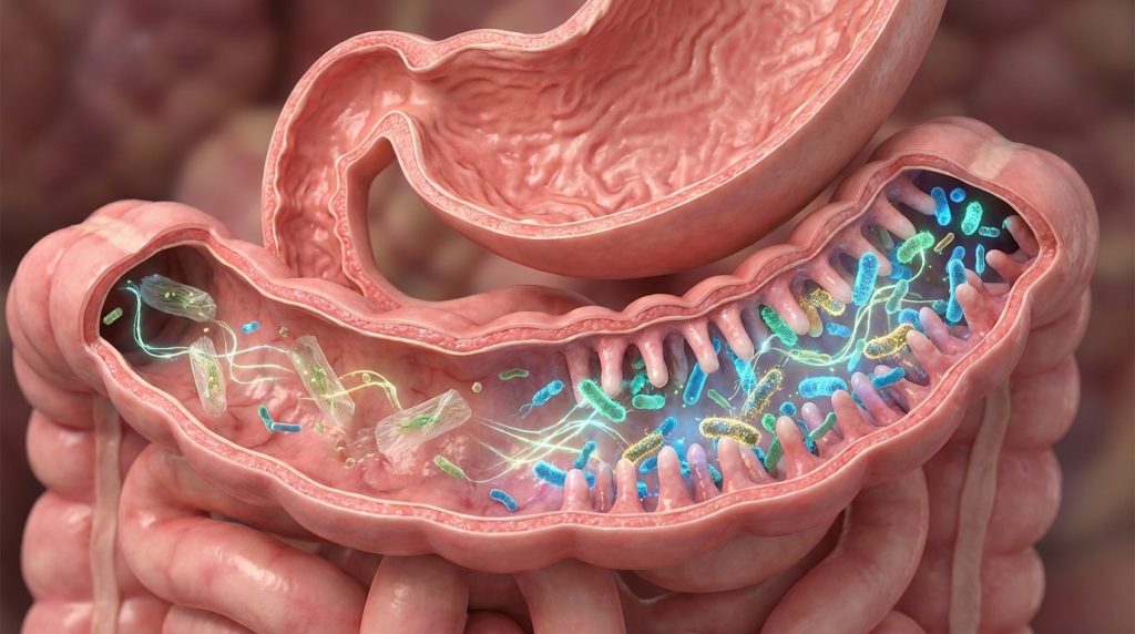 Representação 3D da ação dos prebióticos e probióticos na microbiota intestinal.